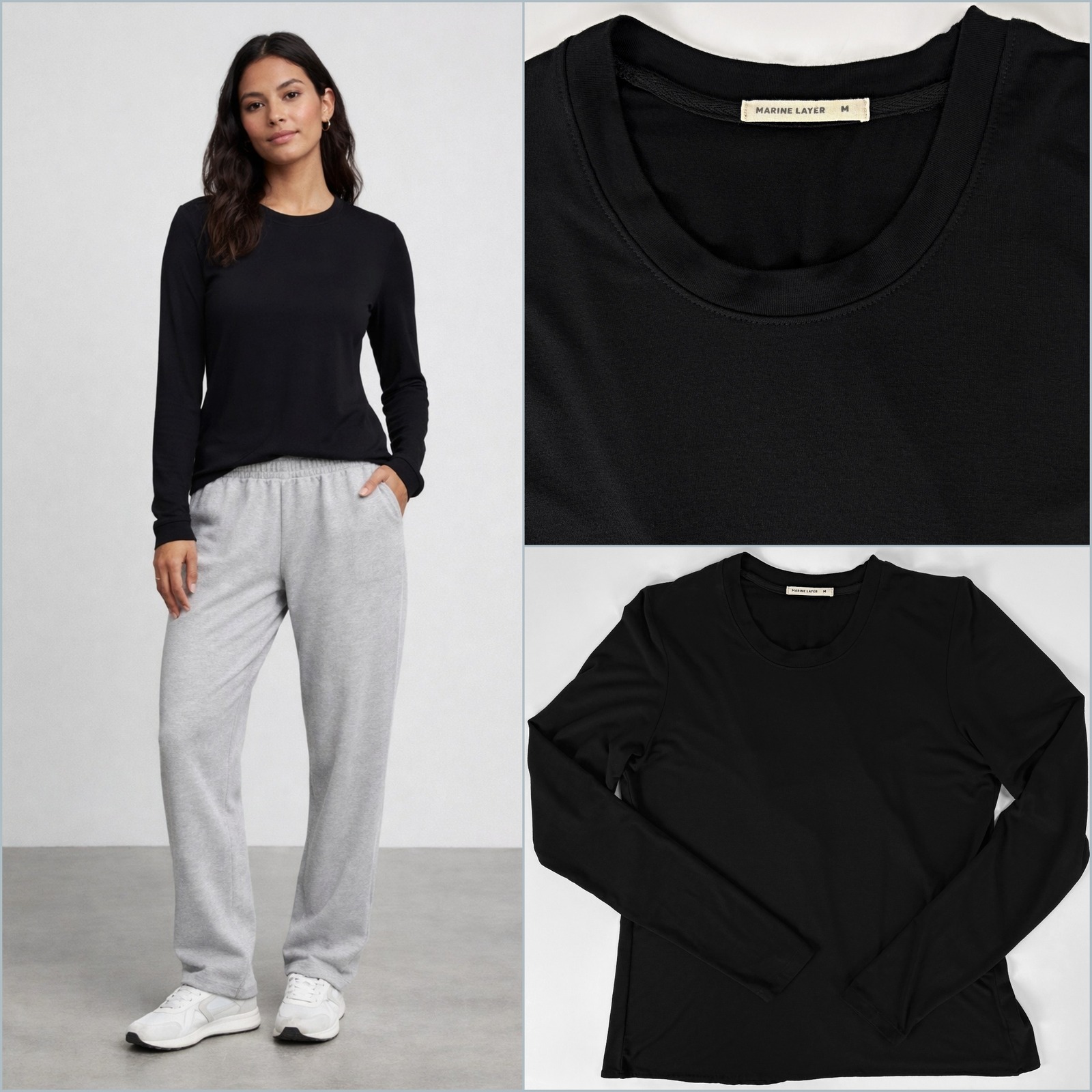 Marine Layer Black Modal Crewneck Long Sleeve Tulip Back M Made In Usa Soft Tee